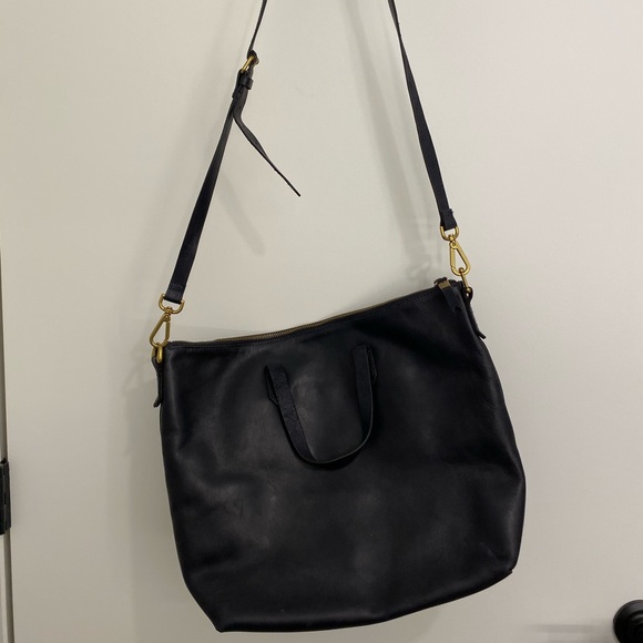 EUC Madewell Navy Blue Leather Medium Zip Top Crossbody Transport Tote Bag - Picture 3 of 5